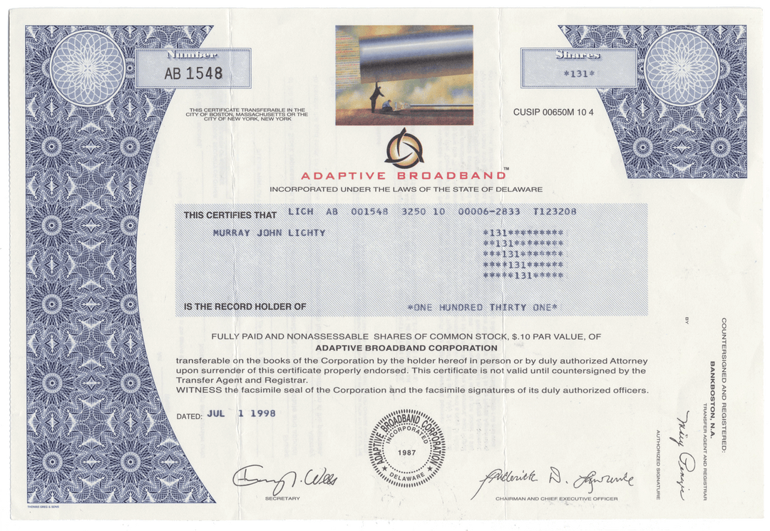 Adaptive Broadband stock certificate with decorative elements and text