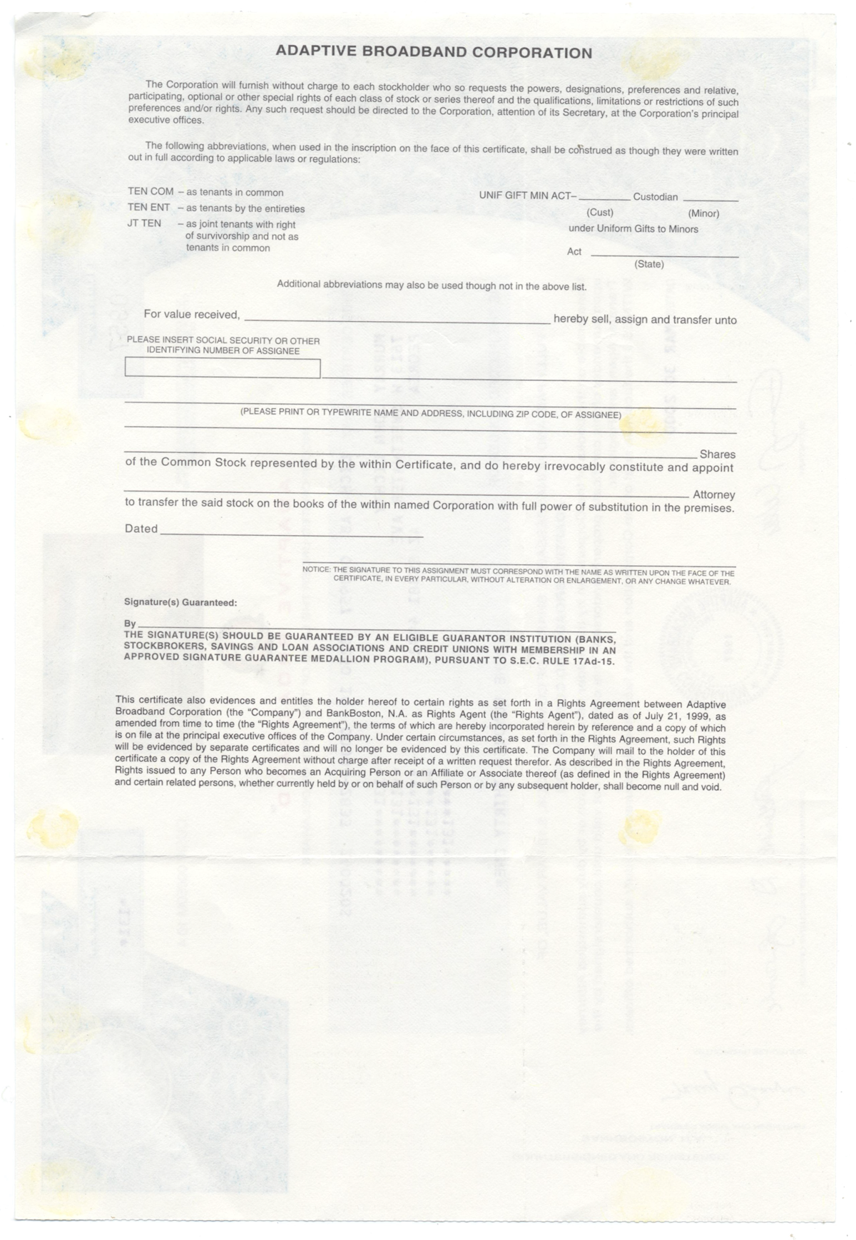 Adaptive Broadband Corporation Stock Certificate