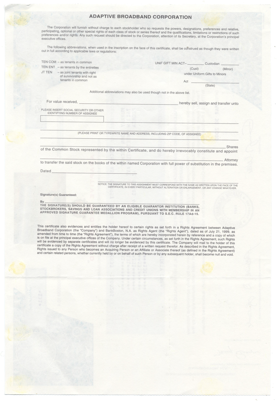 Adaptive Broadband Corporation Stock Certificate