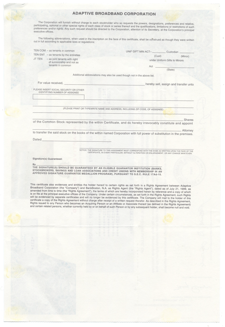 Adaptive Broadband Corporation Stock Certificate