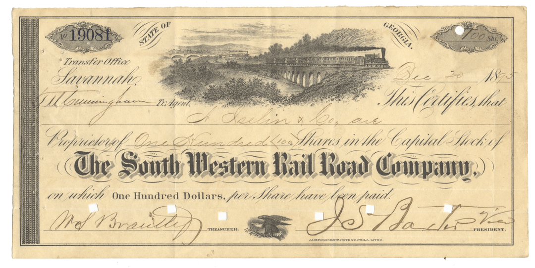 Vintage stock certificate of the South Western Rail Road Company from 1895