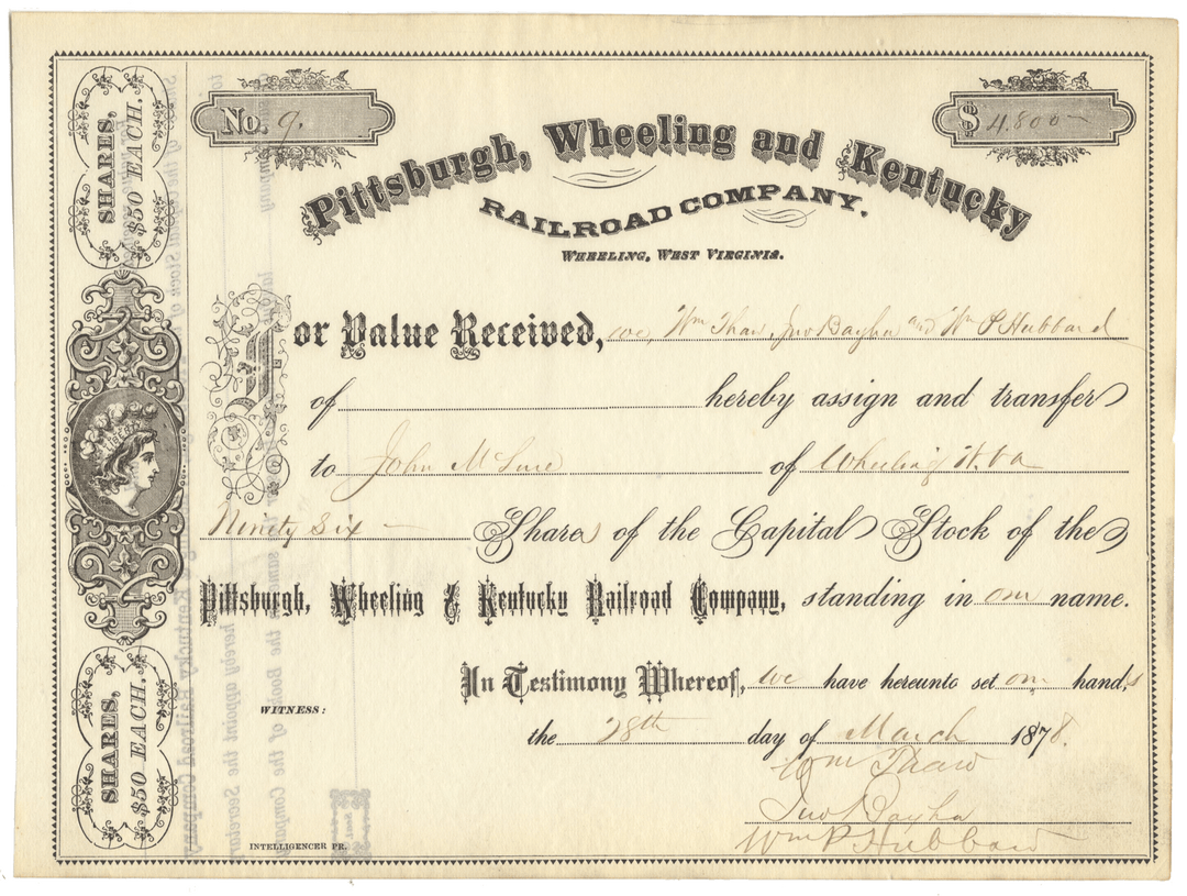 Pittsburgh, Wheeling and Kentucky Railroad Company Stock Certificaate Signed by William Thaw