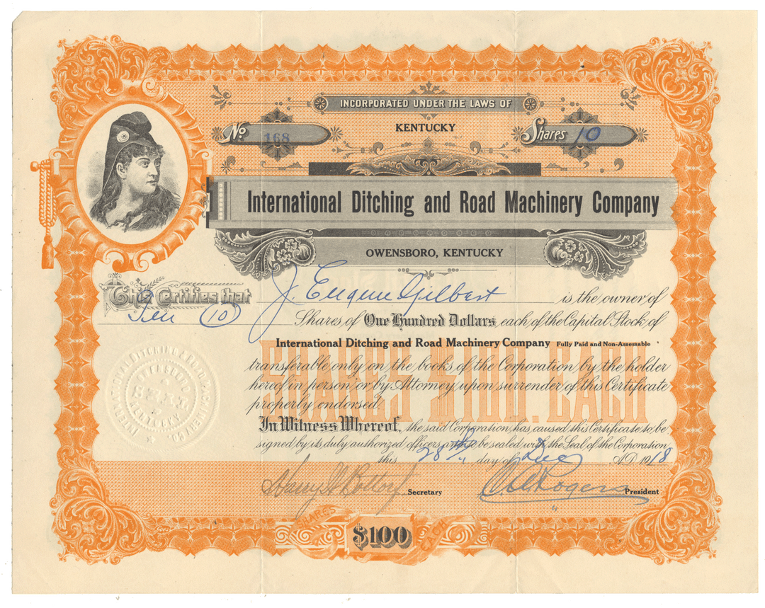 Vintage stock certificate from International Ditching and Road Machinery Company from 1918