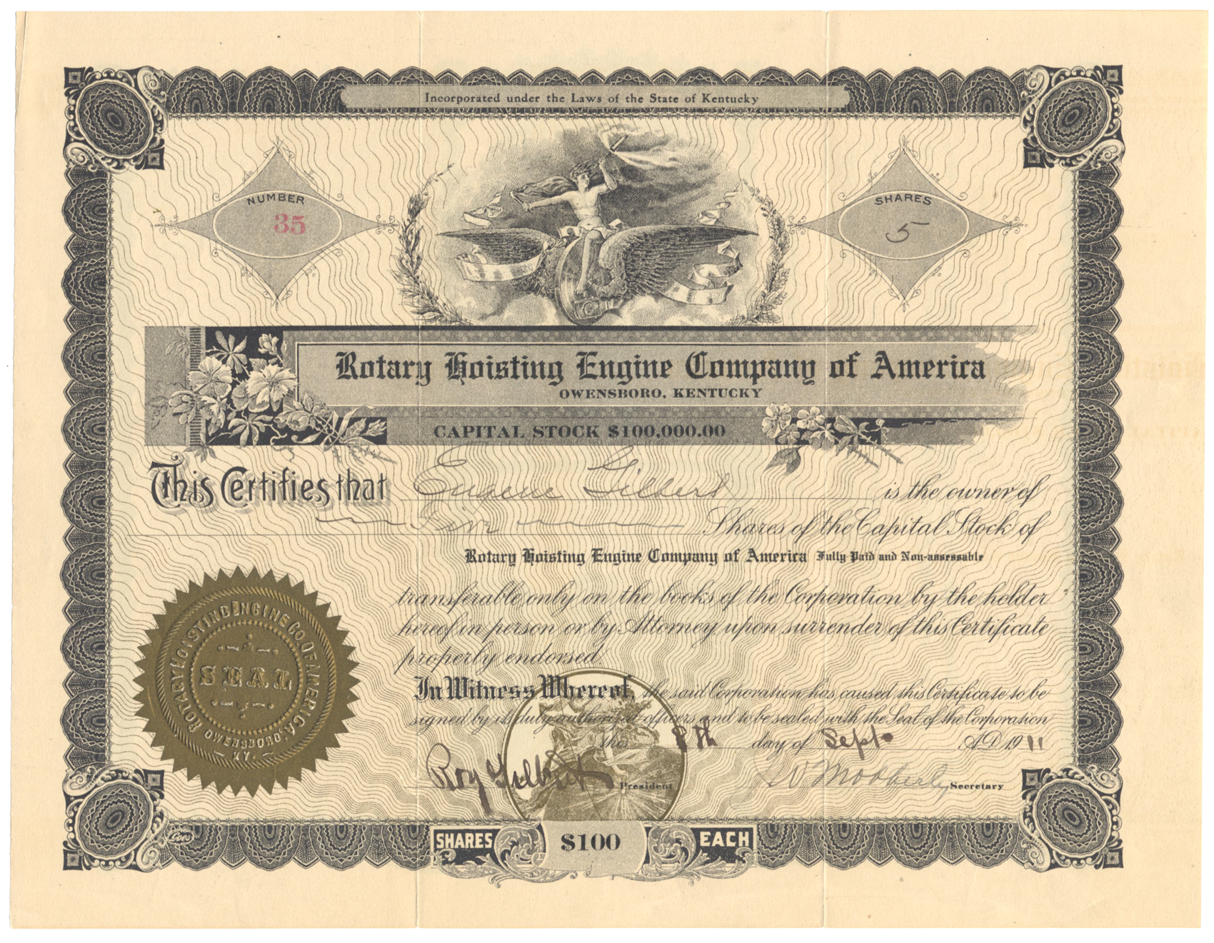 Rotary Hoisting Engine Company of America Stock Certificate