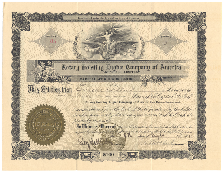 Rotary Hoisting Engine Company of America Stock Certificate