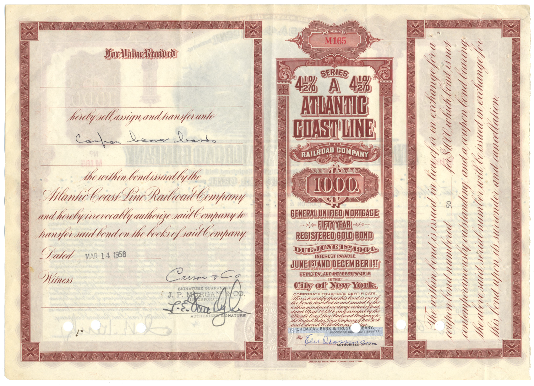 Atlantic Coast Line Railroad Company Bond Certificate