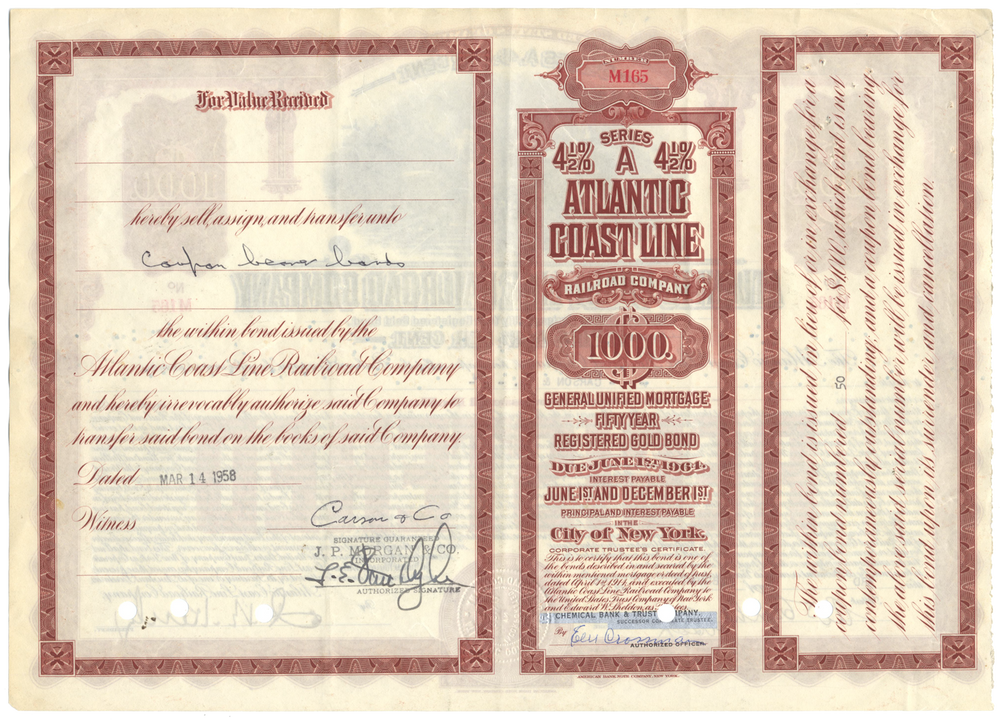 Atlantic Coast Line Railroad Company Bond Certificate