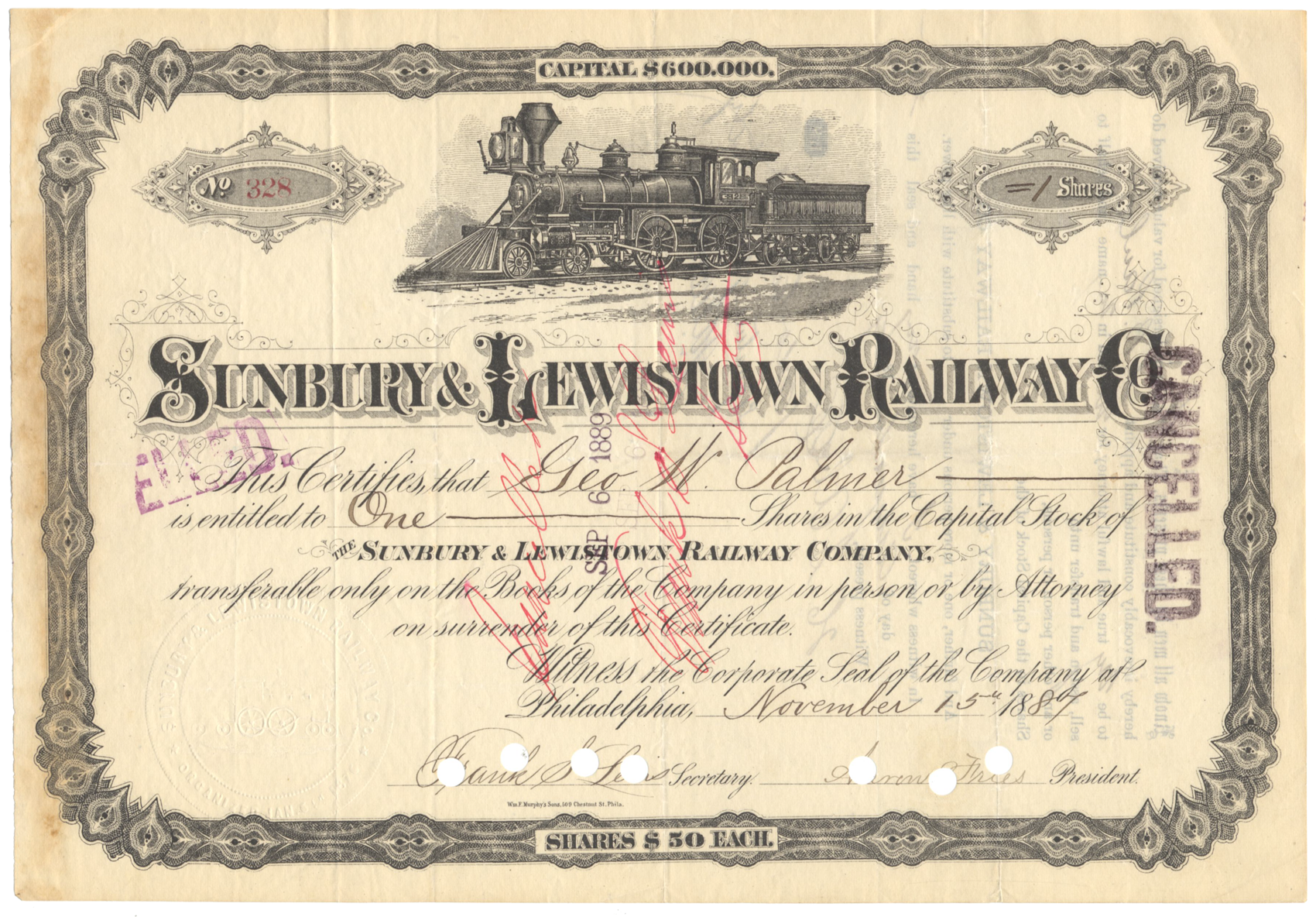 Sunbury & Lewistown Railway Company Stock Certificate