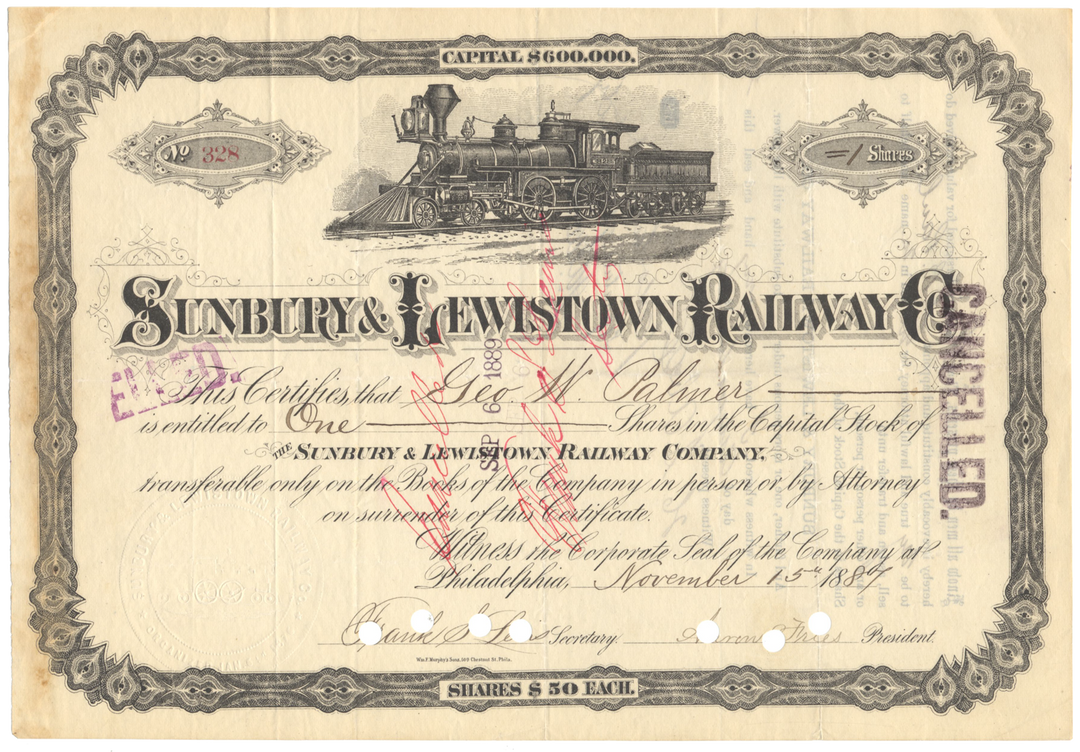 Sunbury & Lewistown Railway Company Stock Certificate