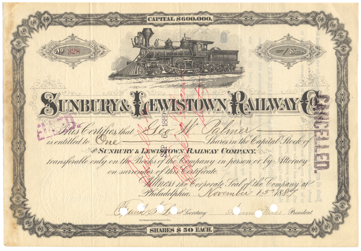 Sunbury & Lewistown Railway Company Stock Certificate