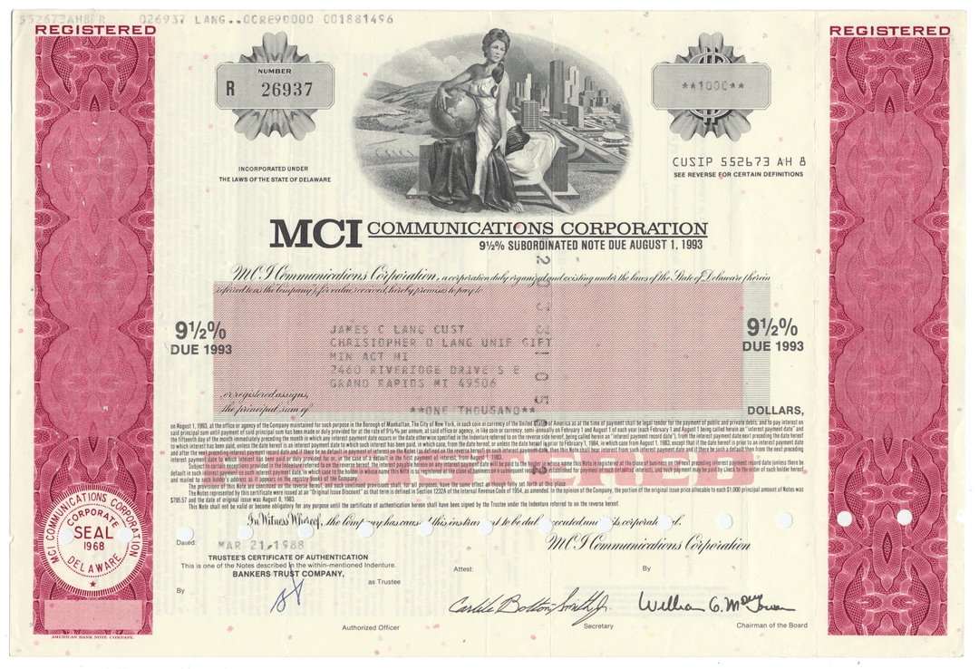 MCI Communications Corporation Bond Certificate