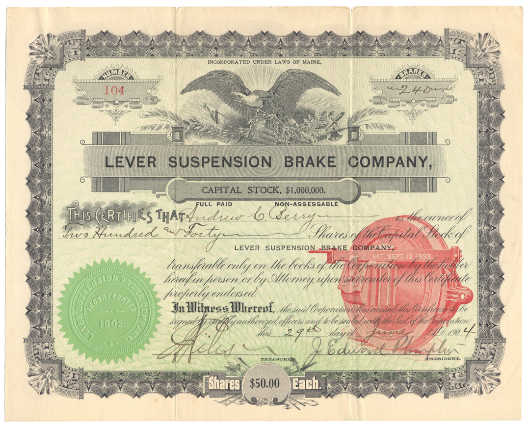 Lever Suspension Brake Company Stock Certificate