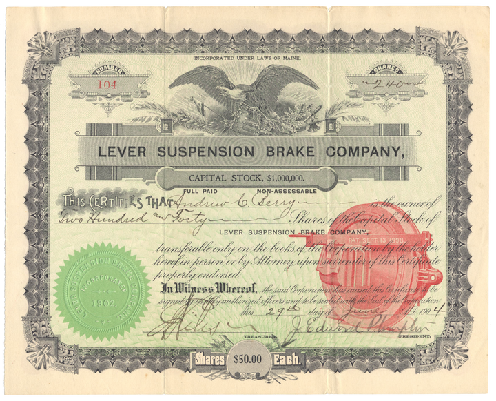 Lever Suspension Brake Company Stock Certificate