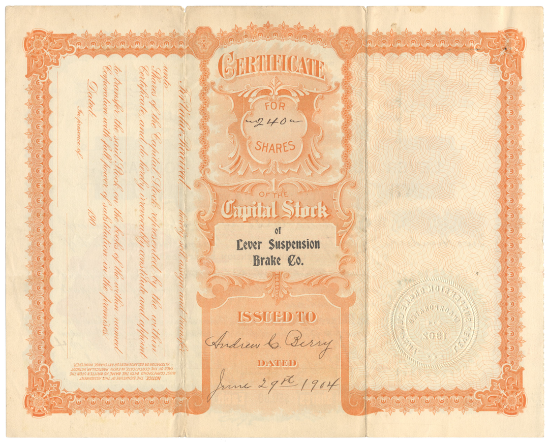 Lever Suspension Brake Company Stock Certificate