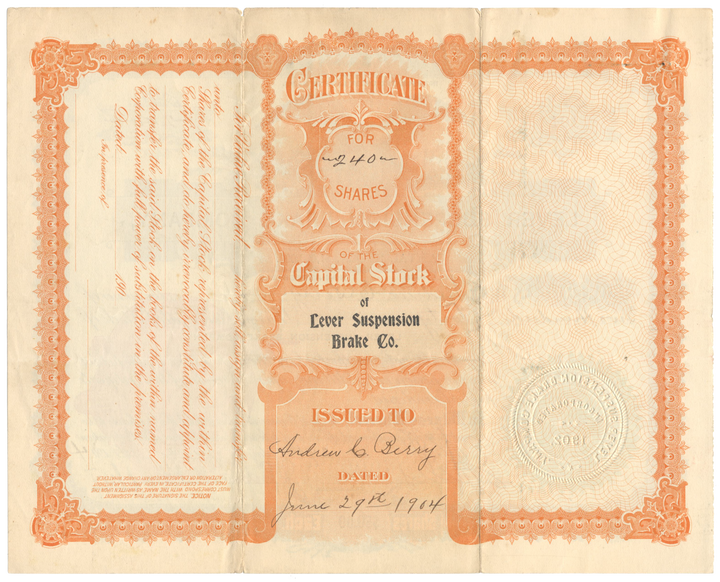 Lever Suspension Brake Company Stock Certificate