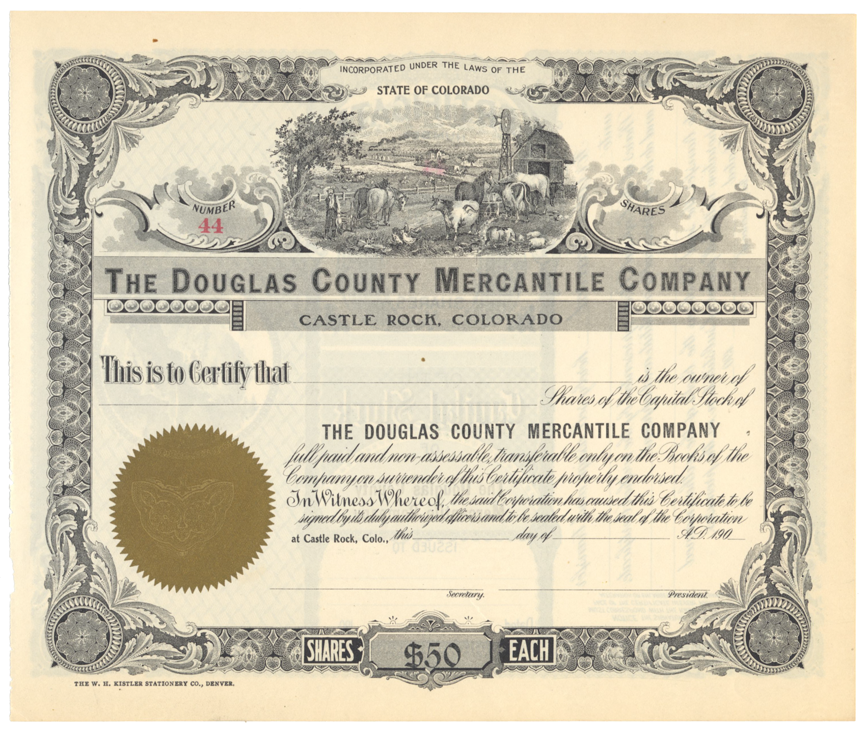 Vintage stock certificate for The Douglas County Mercantile Company with decorative border and illustration.