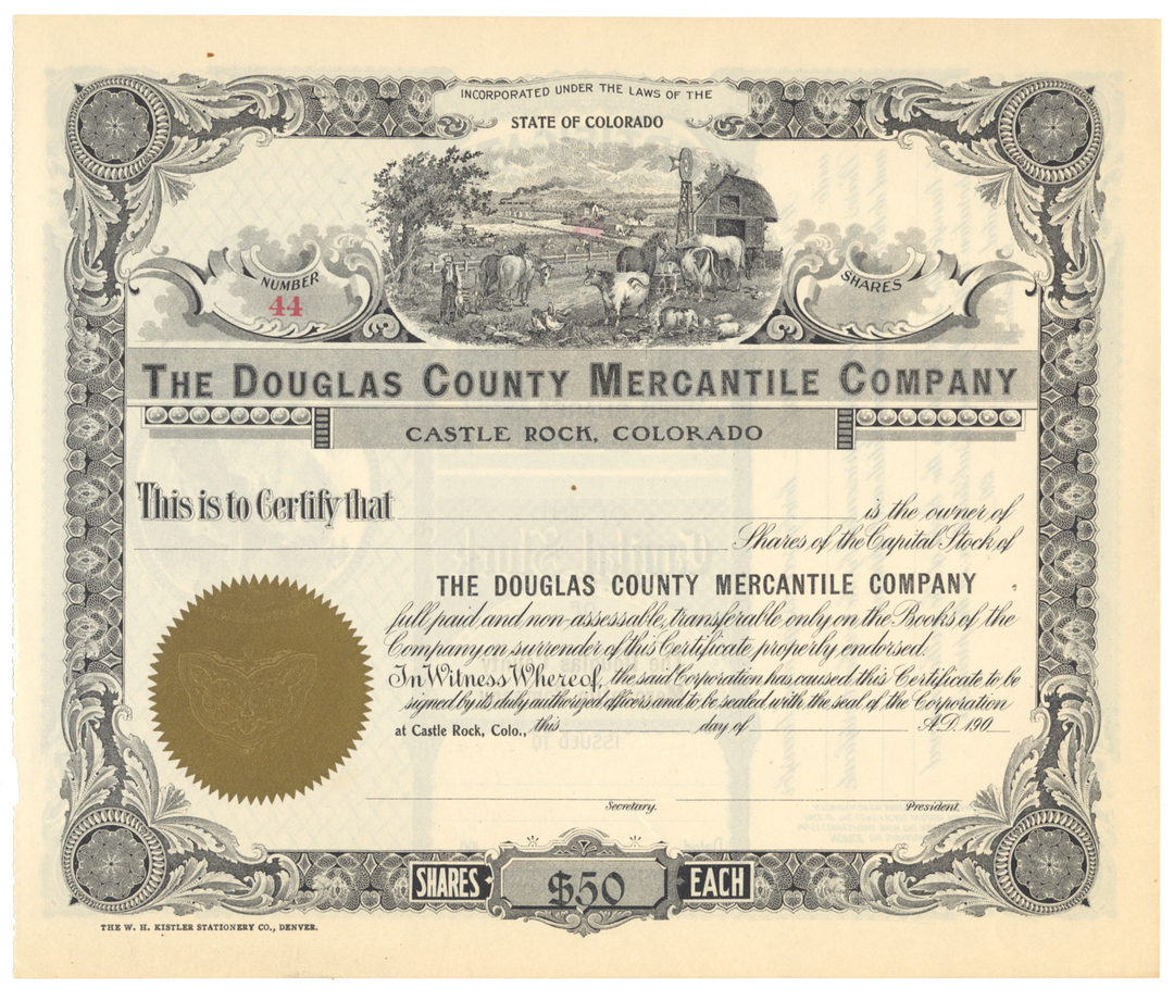 Vintage stock certificate for The Douglas County Mercantile Company with decorative border and illustration.