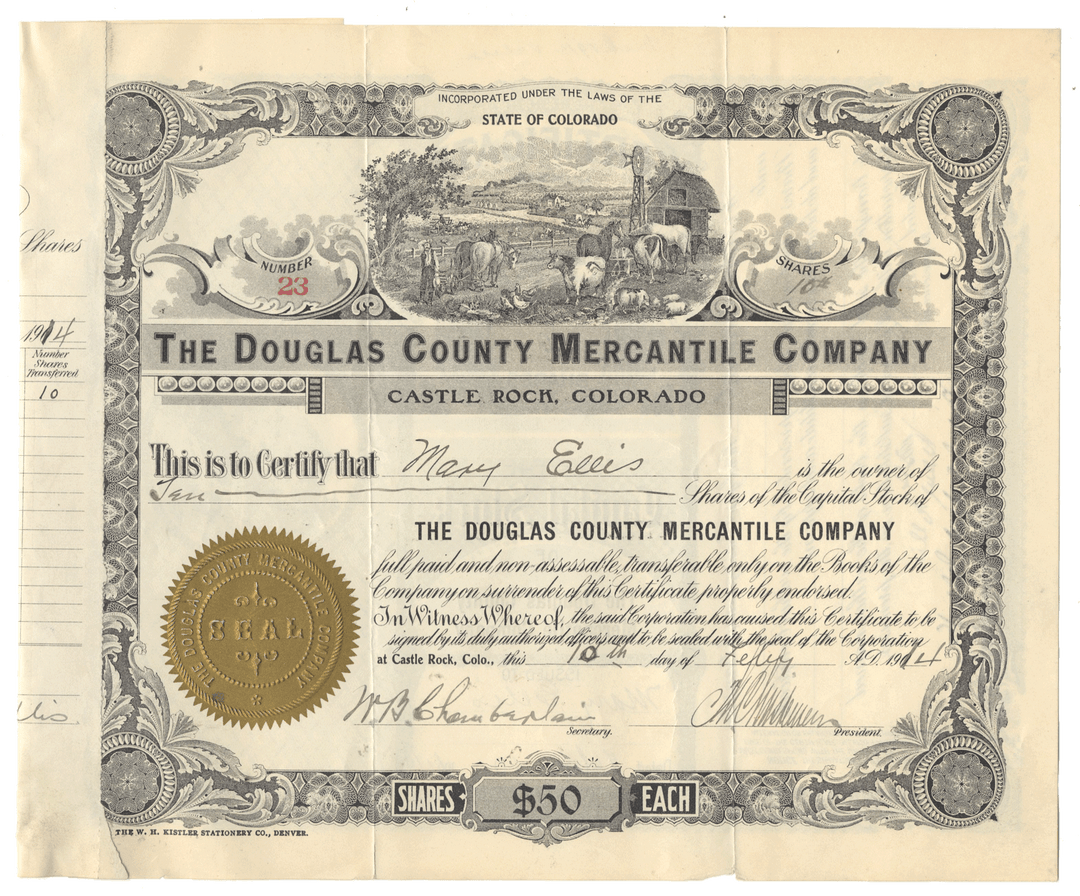 Stock certificate from The Douglas County Mercantile Company dating back to 1914
