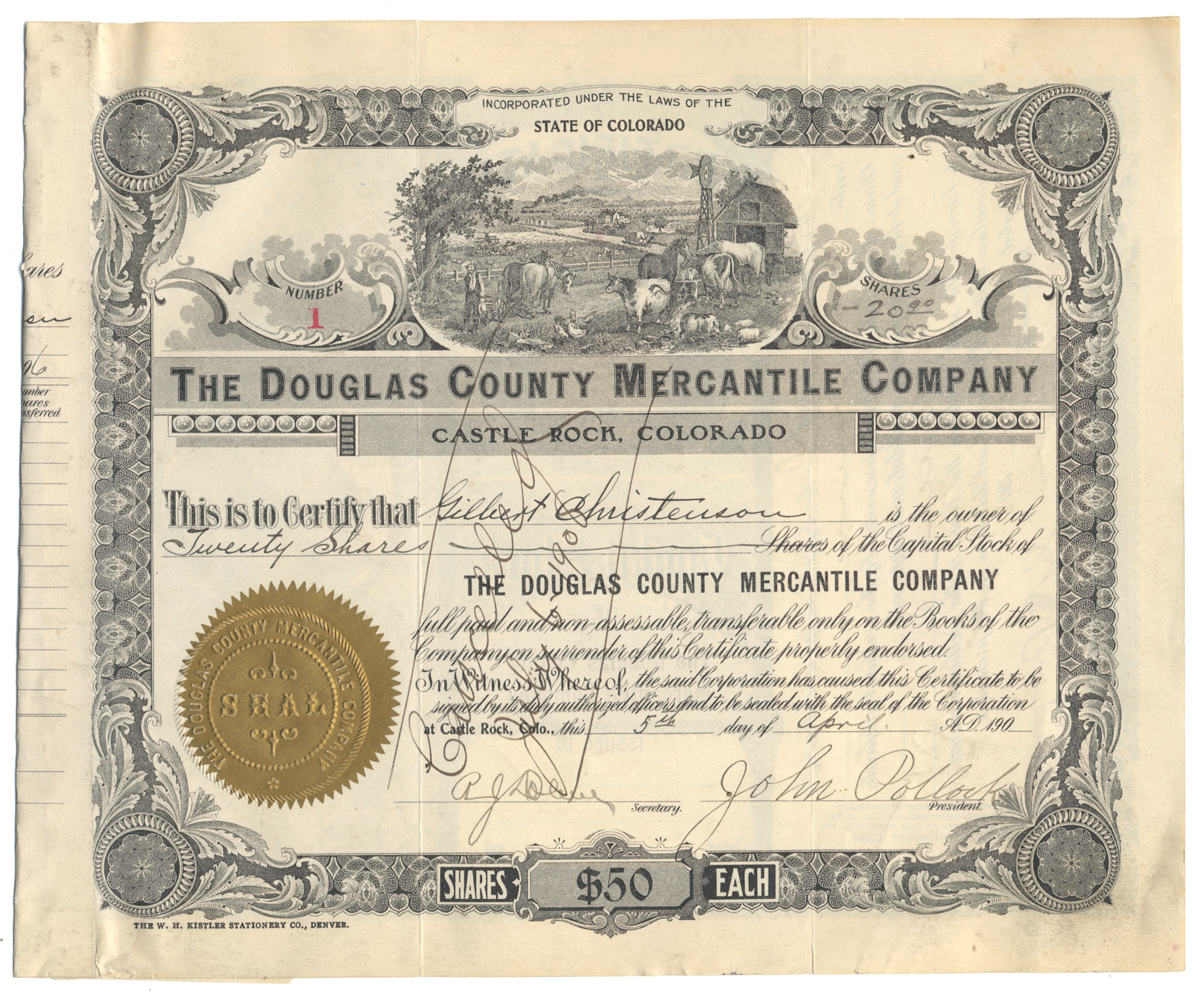 Vintage stock certificate for The Douglas County Mercantile Company from 1908 - CERTIFICATE #1