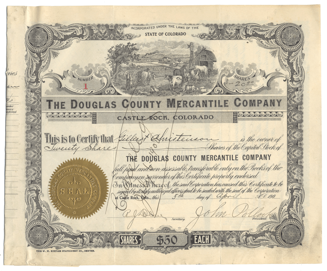 Vintage stock certificate for The Douglas County Mercantile Company from 1908 - CERTIFICATE #1