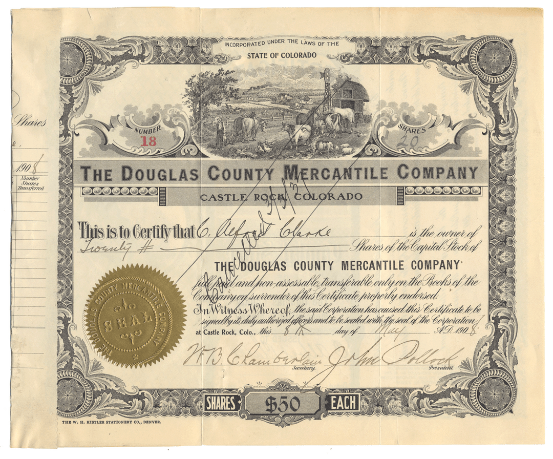 Vintage stock certificate for The Douglas County Mercantile Company with decorative elements and text from 1908
