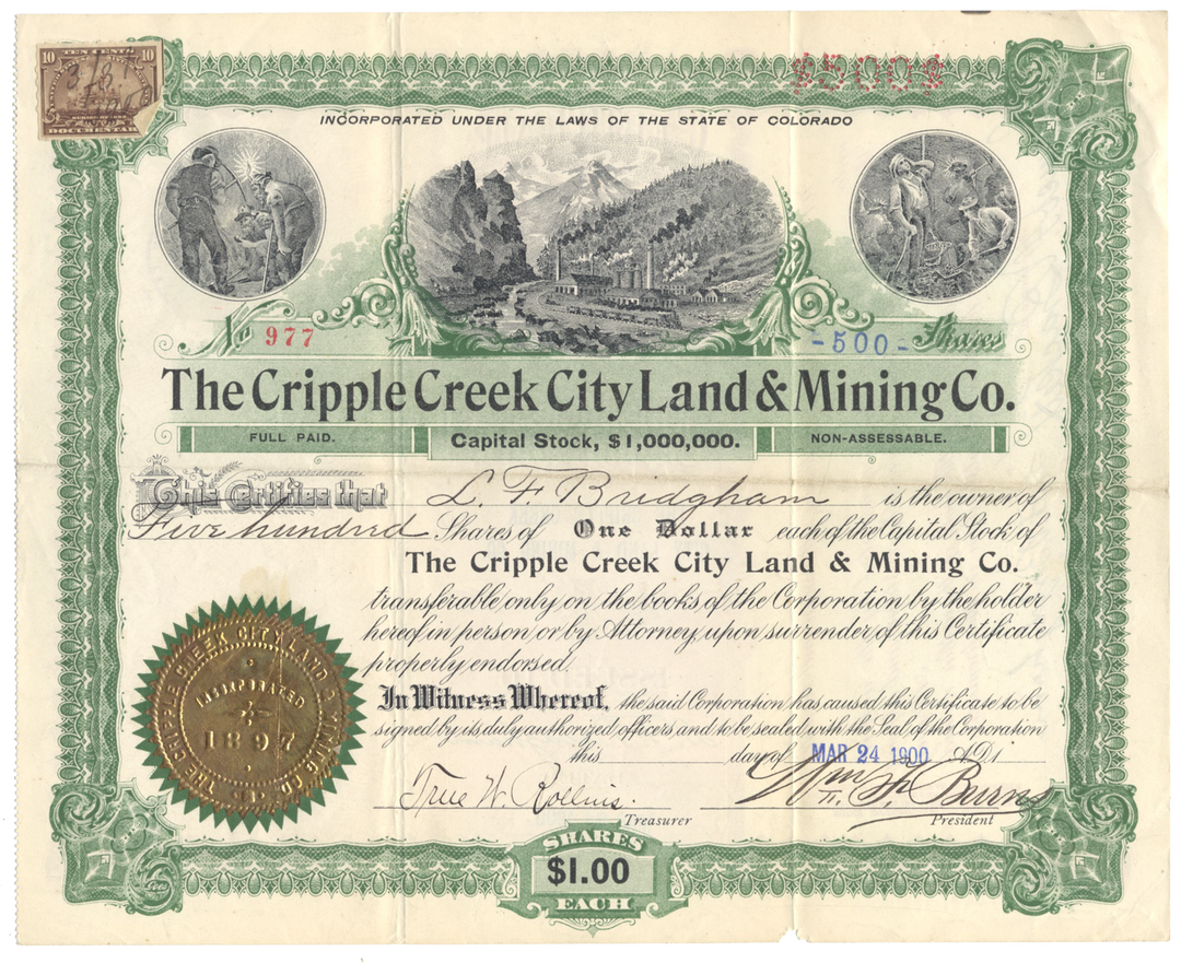 Cripple Creek City Land & Mining Co. Stock Certificate