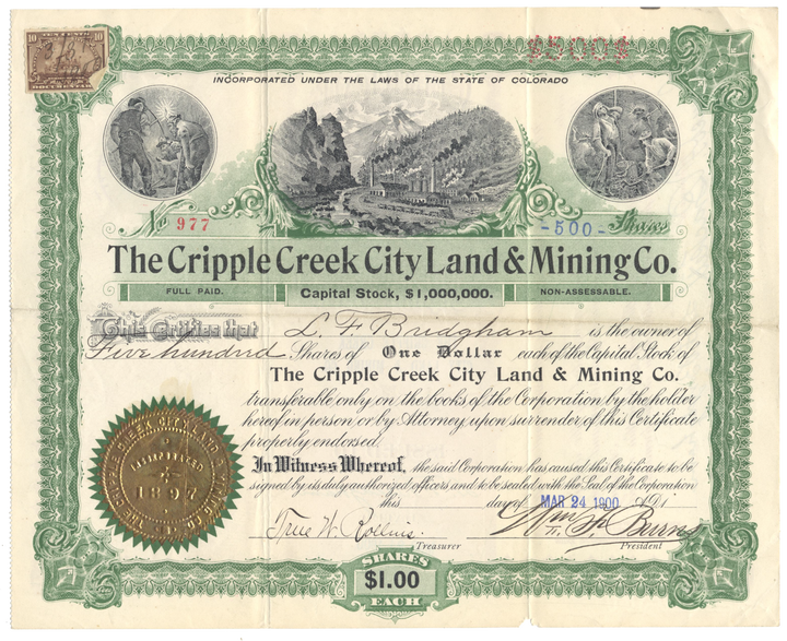 Cripple Creek City Land & Mining Co. Stock Certificate