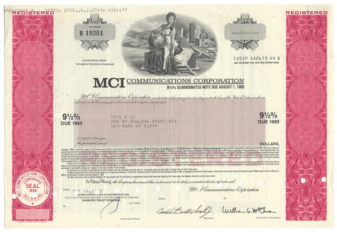 MCI Communications Corporation bond certificate with decorative elements and text.