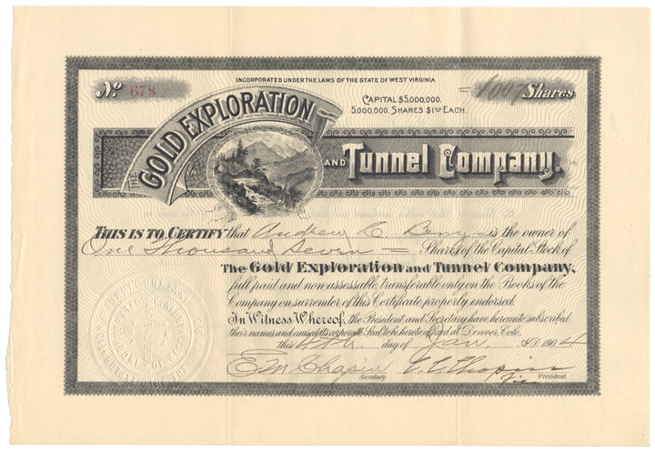 Gold Exploration and Tunnel Company Stock Certificate