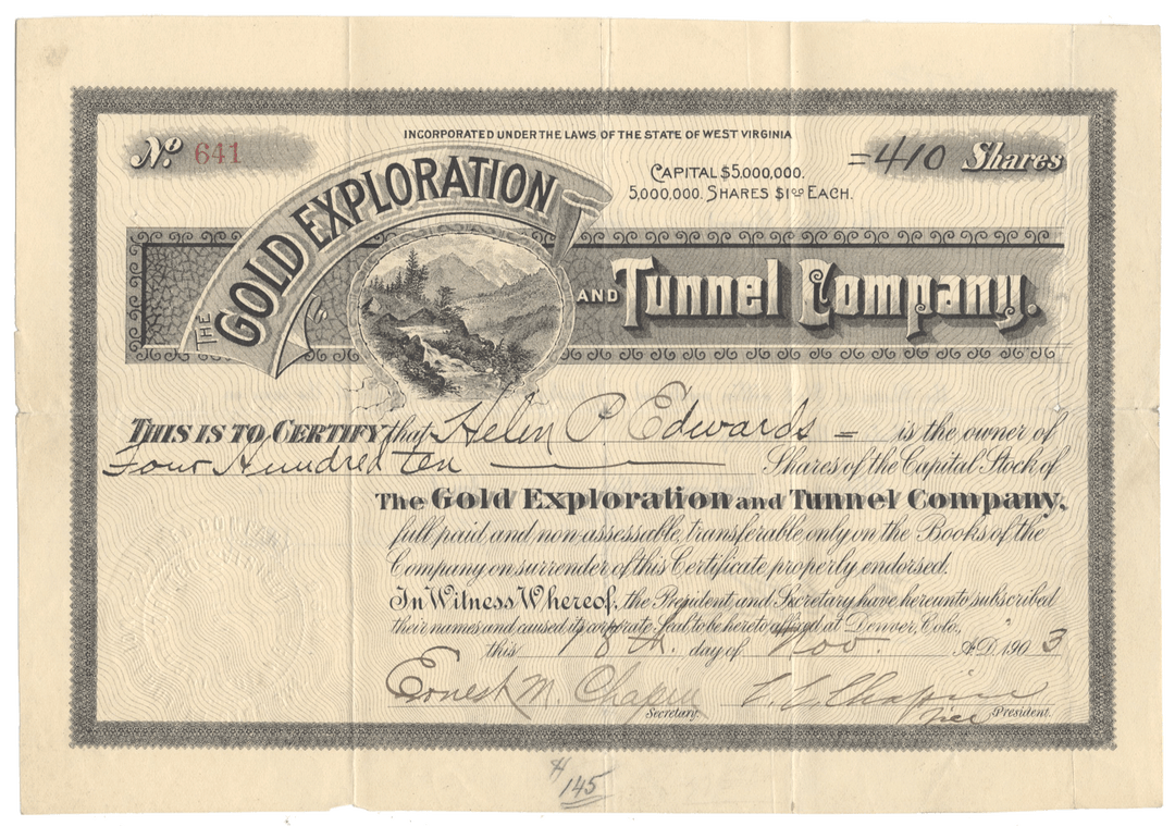 Vintage stock certificate for Gold Exploration and Tunnel Company with decorative elements.