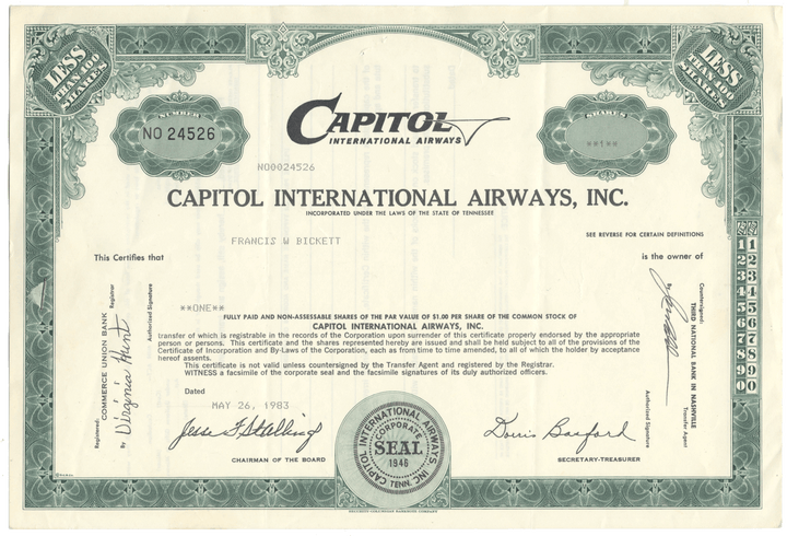 Capitol International Airways, Inc. Stock Certificate