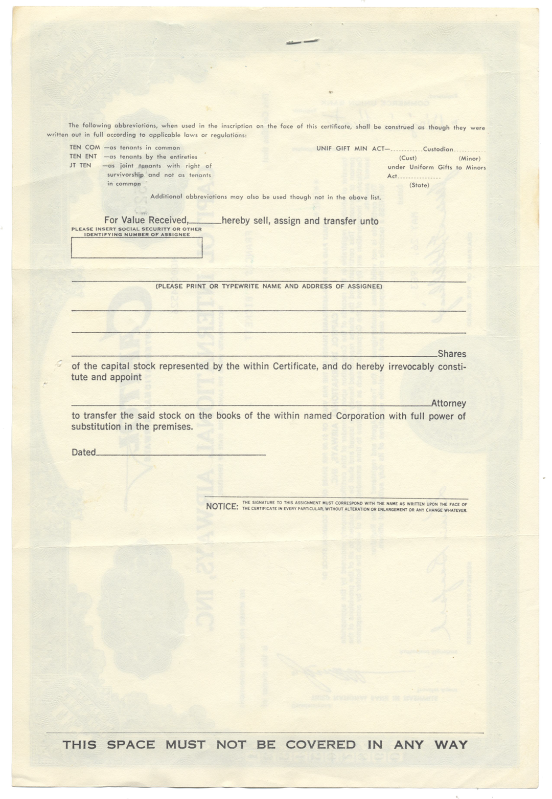 Capitol International Airways, Inc. Stock Certificate