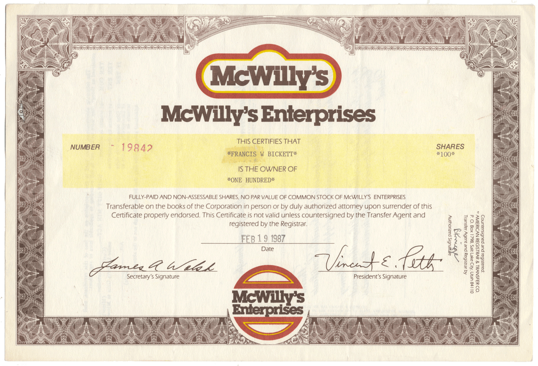 McWilly's Enterprises Stock Certificate