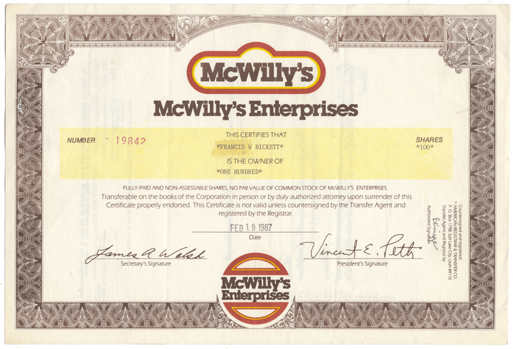 McWilly's Enterprises Stock Certificate