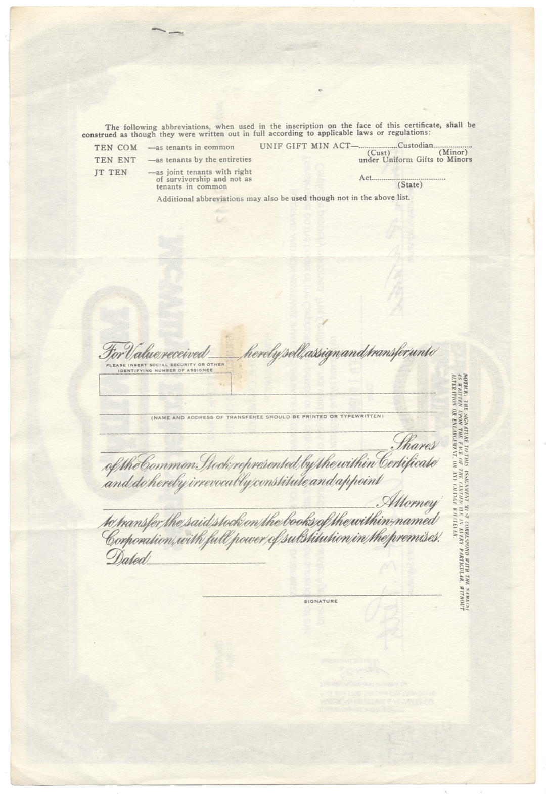 McWilly's Enterprises Stock Certificate