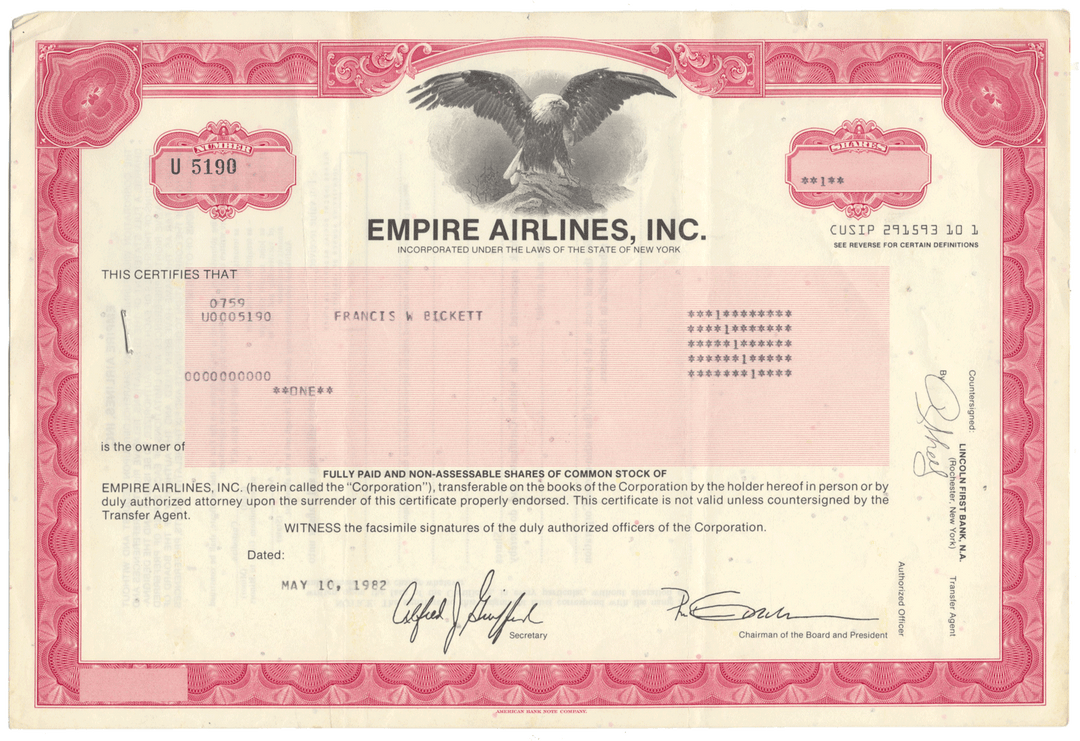 Empire Airlines, Inc. Stock Certificate