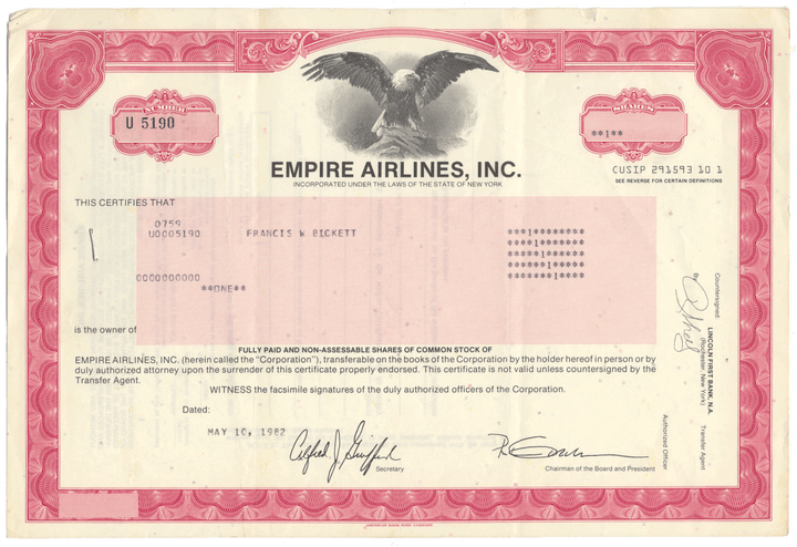 Empire Airlines, Inc. Stock Certificate