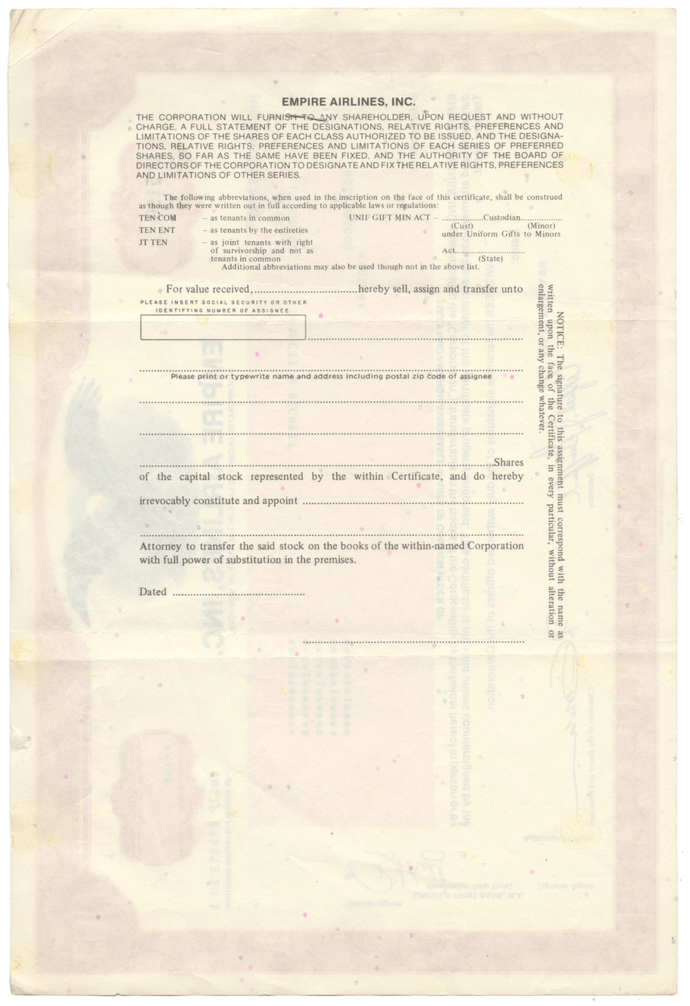 Empire Airlines, Inc. Stock Certificate