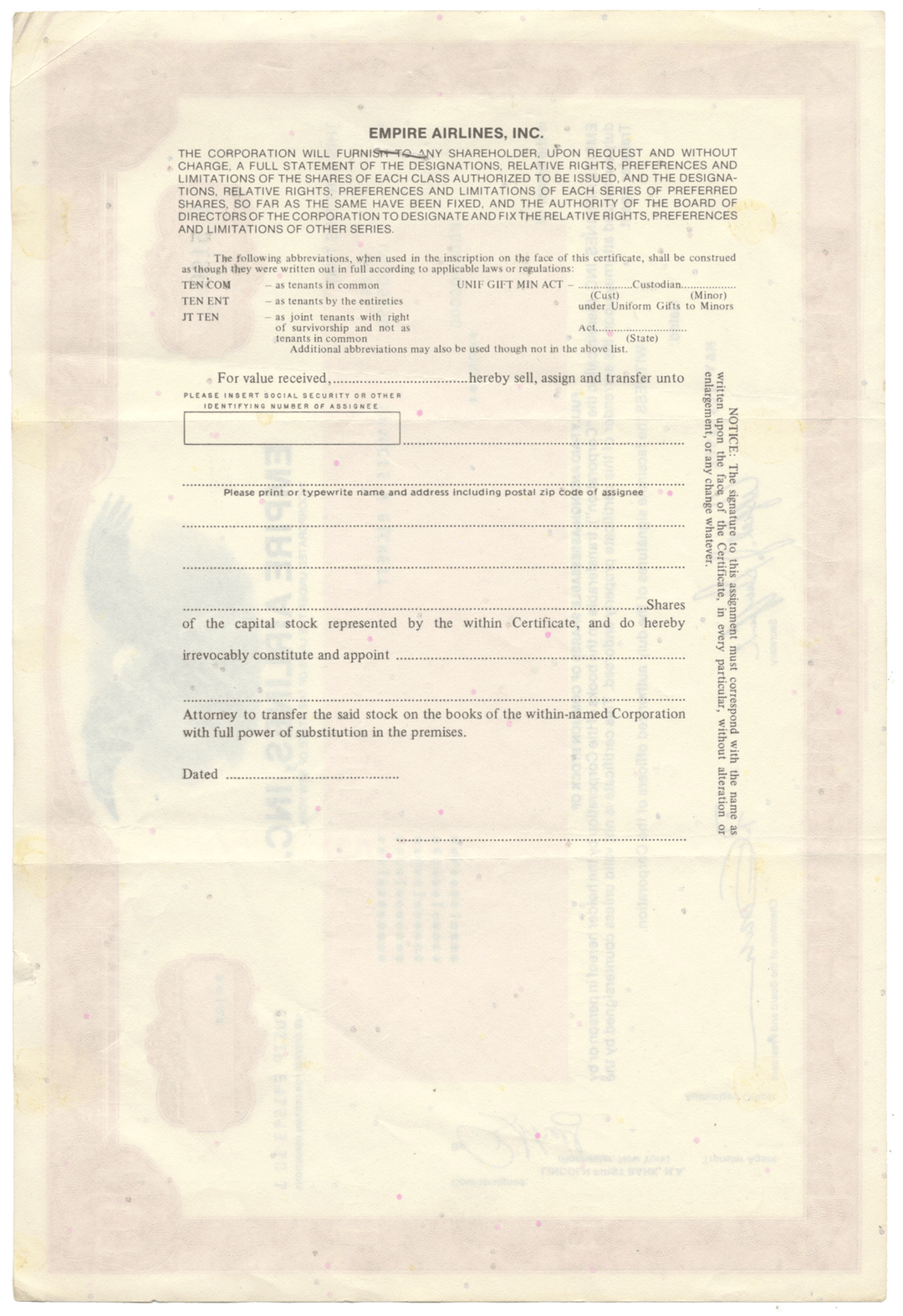 Empire Airlines, Inc. Stock Certificate