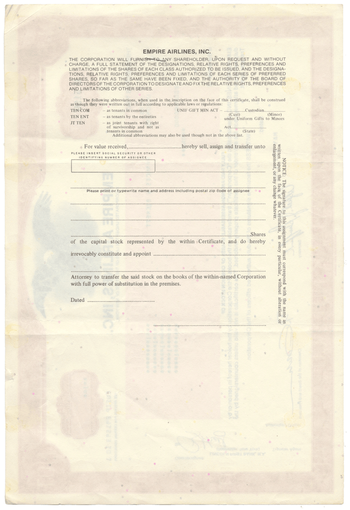 Empire Airlines, Inc. Stock Certificate