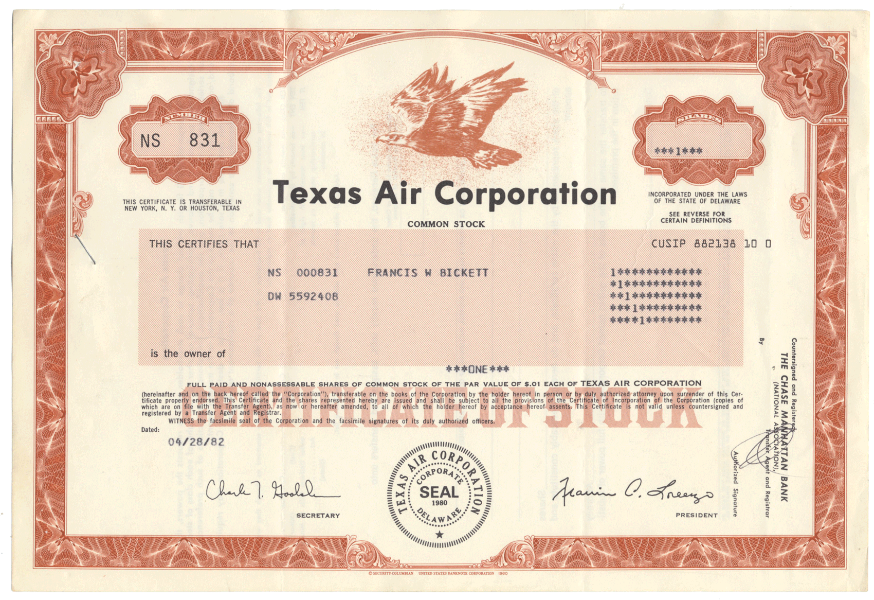 Texas Air Corporation Stock Certificate