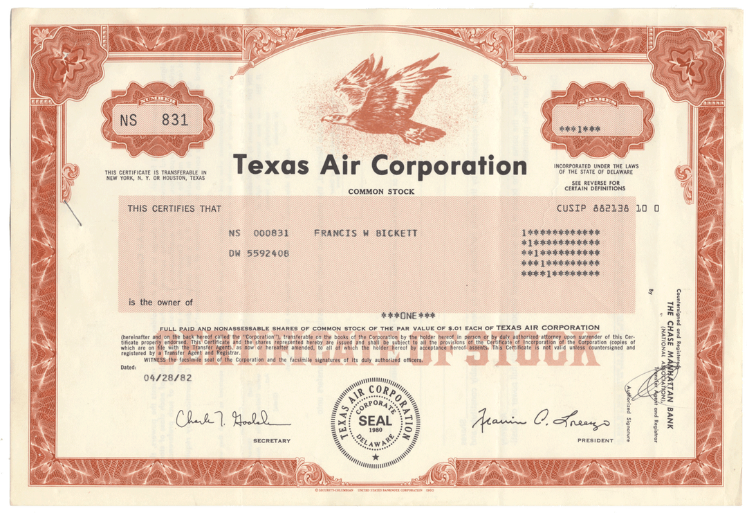 Texas Air Corporation Stock Certificate