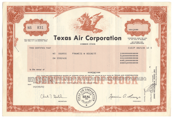 Texas Air Corporation Stock Certificate