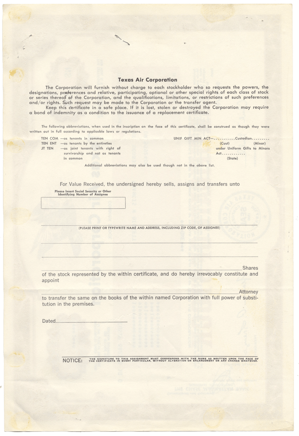 Texas Air Corporation Stock Certificate