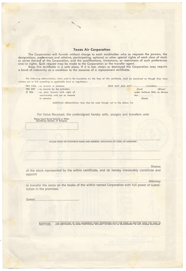 Texas Air Corporation Stock Certificate