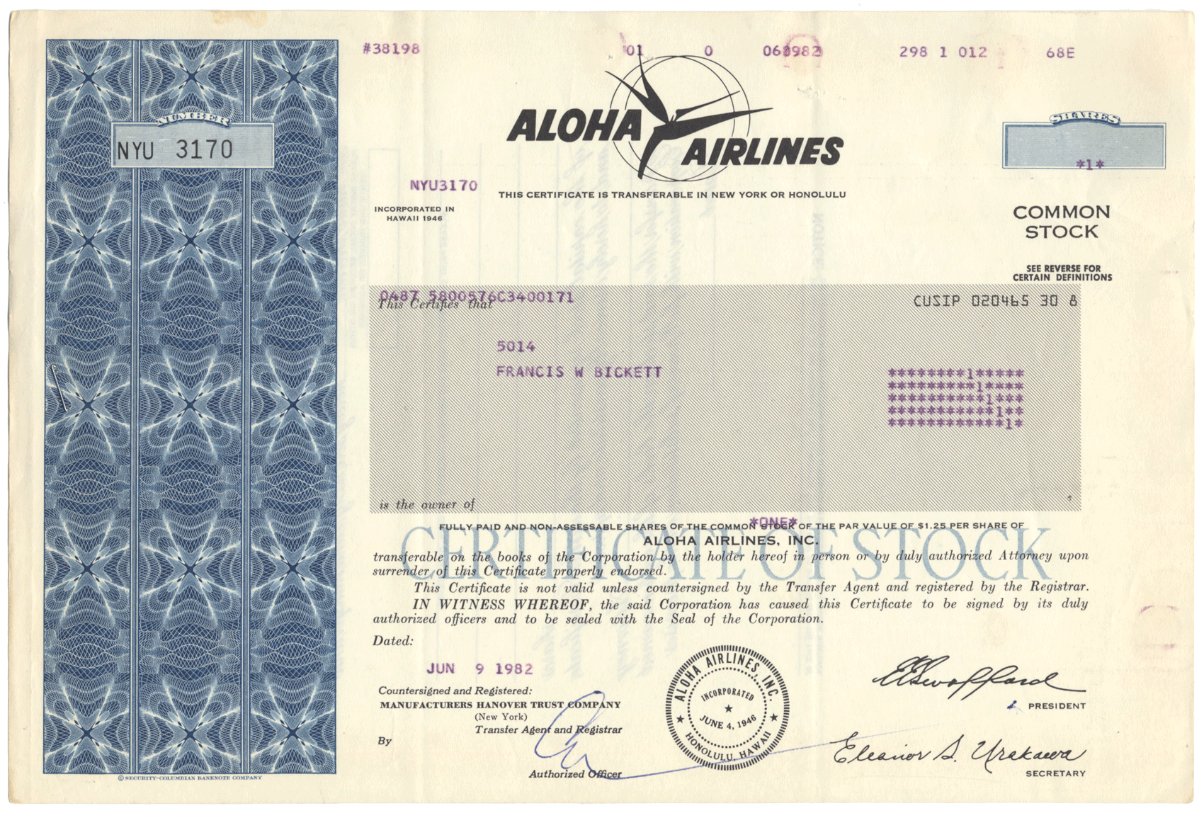 Aloha Airlines, Inc. Stock Certificate