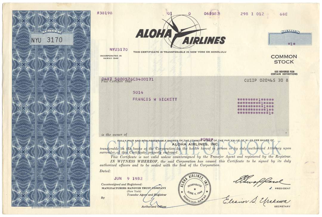 Aloha Airlines, Inc. Stock Certificate