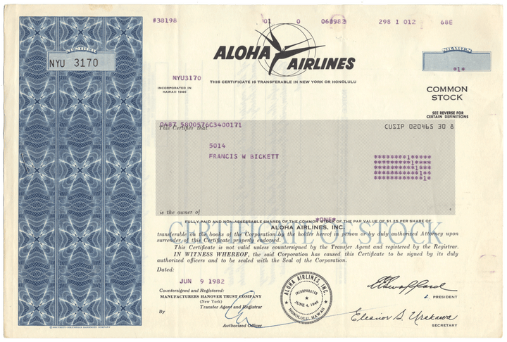 Aloha Airlines, Inc. Stock Certificate