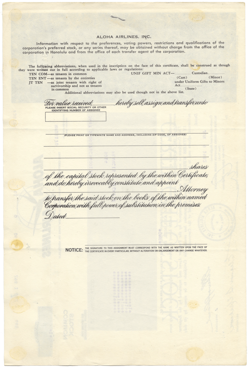 Aloha Airlines, Inc. Stock Certificate