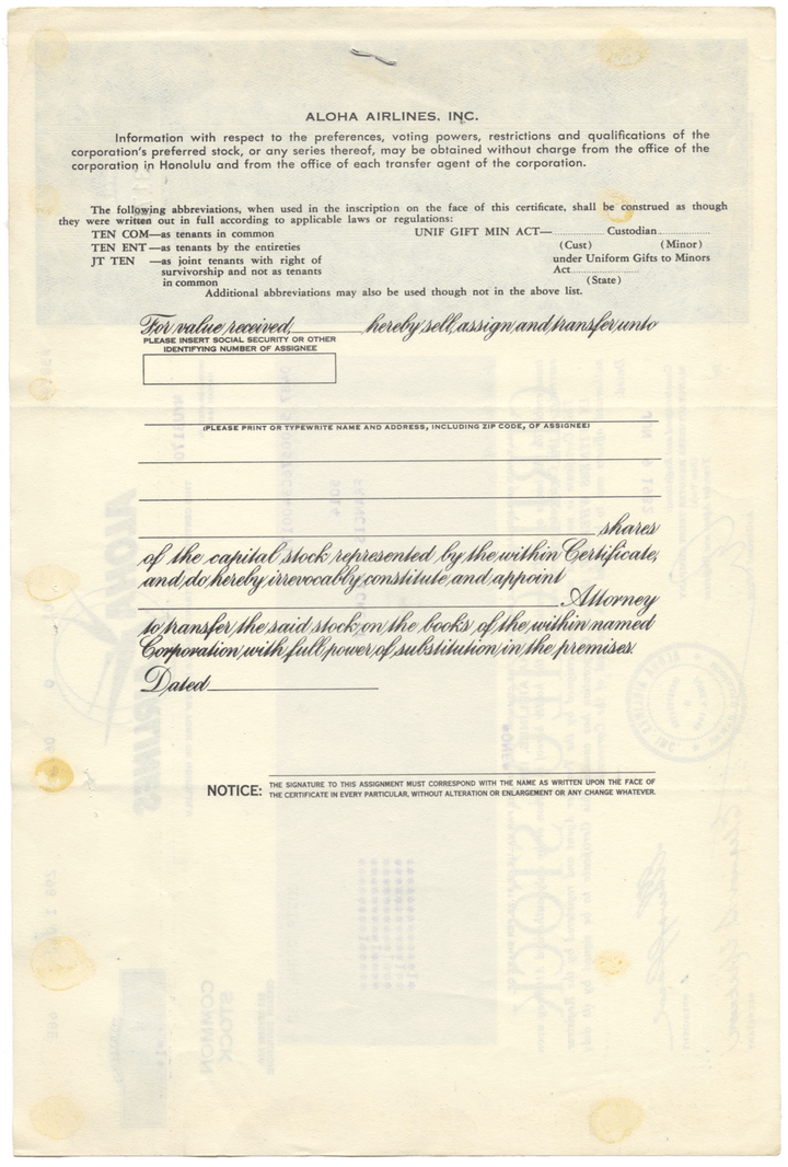 Aloha Airlines, Inc. Stock Certificate